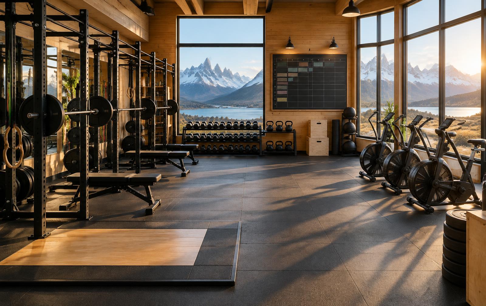 Gimnasio ficticio Vital Gym con equipamiento de entrenamiento y vista patagónica